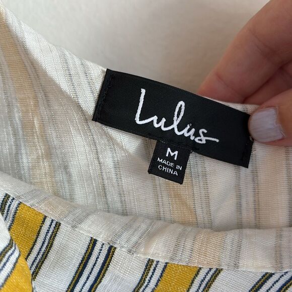 Lulu's Yellow White Striped high low ruffle preppy one shoulder Dress medium EUC - Picture 5 of 14